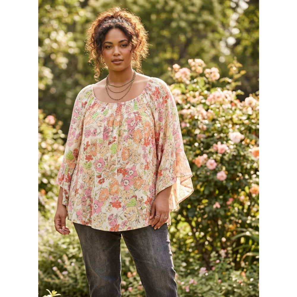 Zac &‎ Rachel Floral Boho Smocked Peasant Blouse Bell Sleeve Top 3X